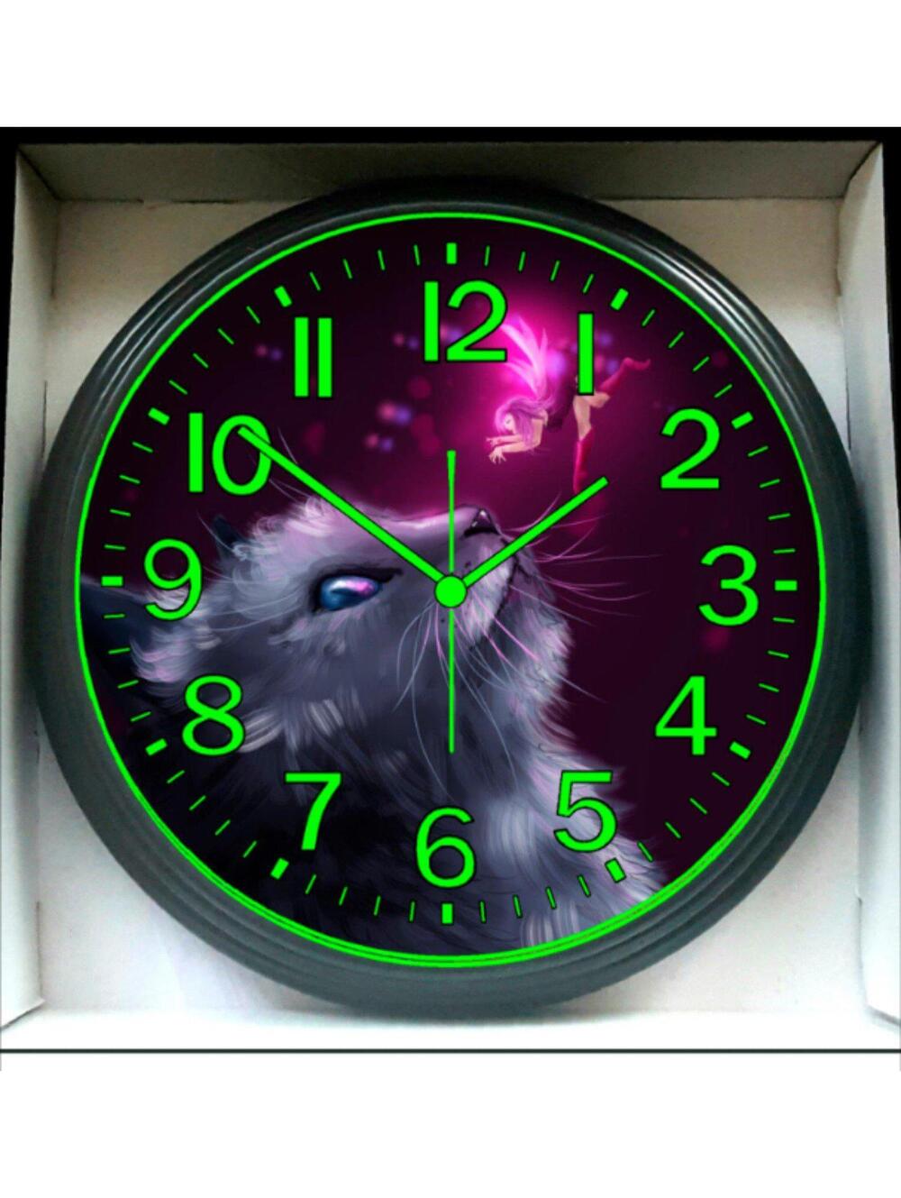 Cat And Fairy Music Studio Lounge Glow In The Dark Wall Clock New